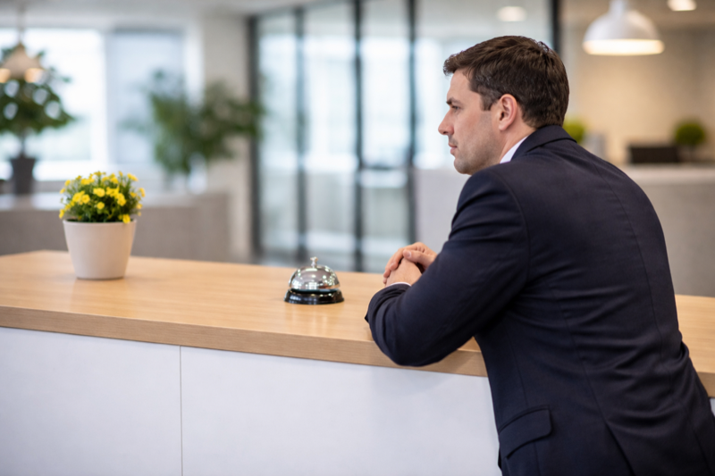 Wachtend bij de receptie, man voor lege toonbank